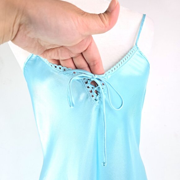 Vintage Y2K Sophia Delicates Chemise Pastel TEal Fairy Slip Dress Lace Satin - Picture 3 of 6